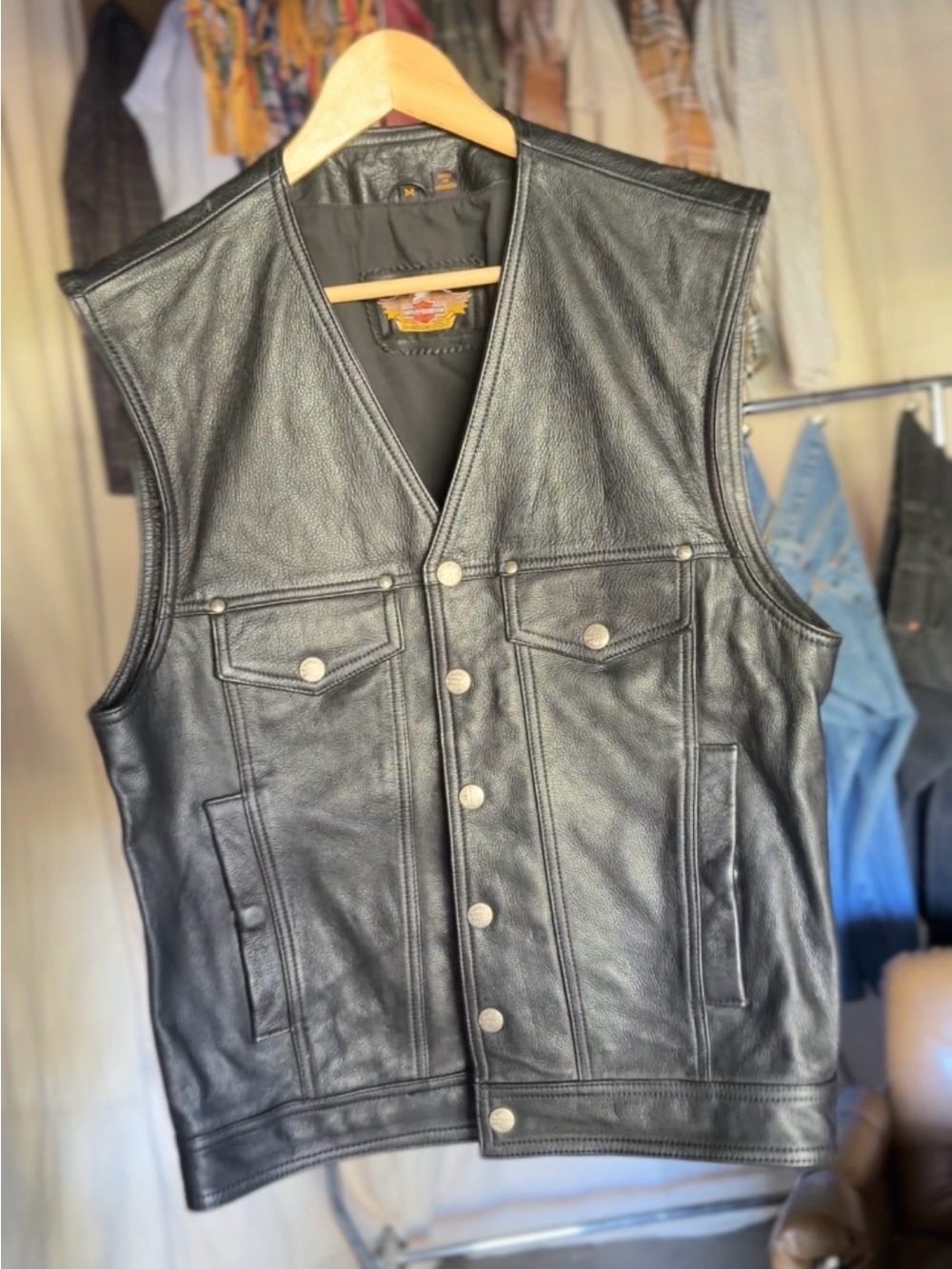 Vintage Harley Davidson Black Leather Vest Biker Gorpcore Riding Cut Size Medium